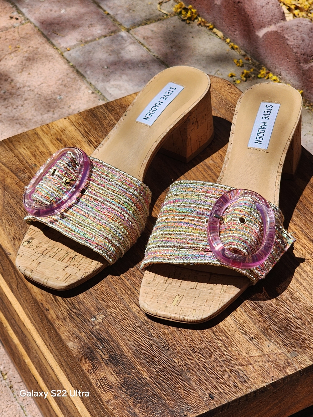 Steve Madden Pink Multi-Striped Cork Block Heel Slide Sandals Size 9
